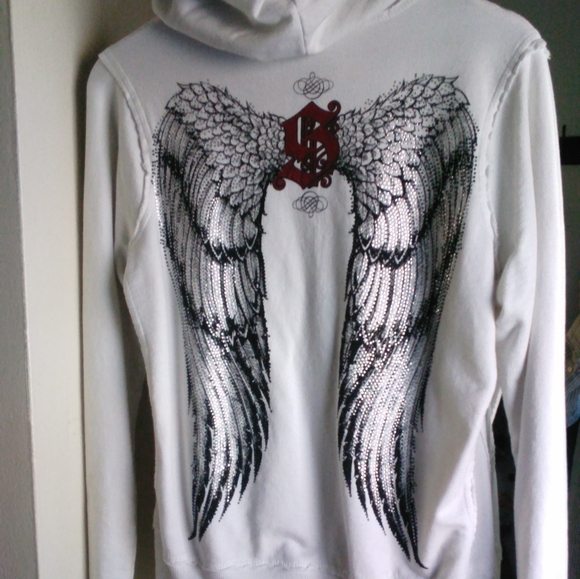 Sinful Rare Rhinestone Wings White Cotton Hoodie - Picture 2 of 10